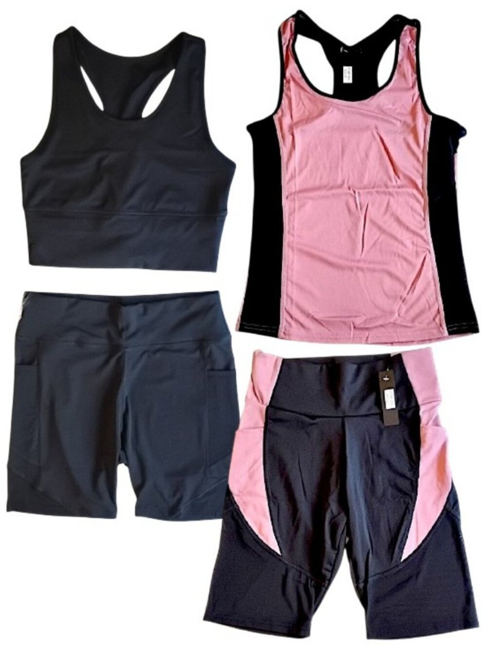 2 SETS NWT 4 PCS Longline Sports Bra Tank Top Athletic Shorts L/XL Black
